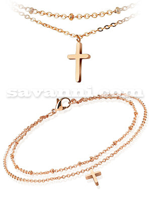 Kirurginteräs Nilkkakoru Tuplaketju & Risti Rose Gold